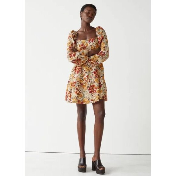 & Other Stories Floral Mini Dress Autumnal Floral Print Square neck Womens US 10 - Picture 1 of 12